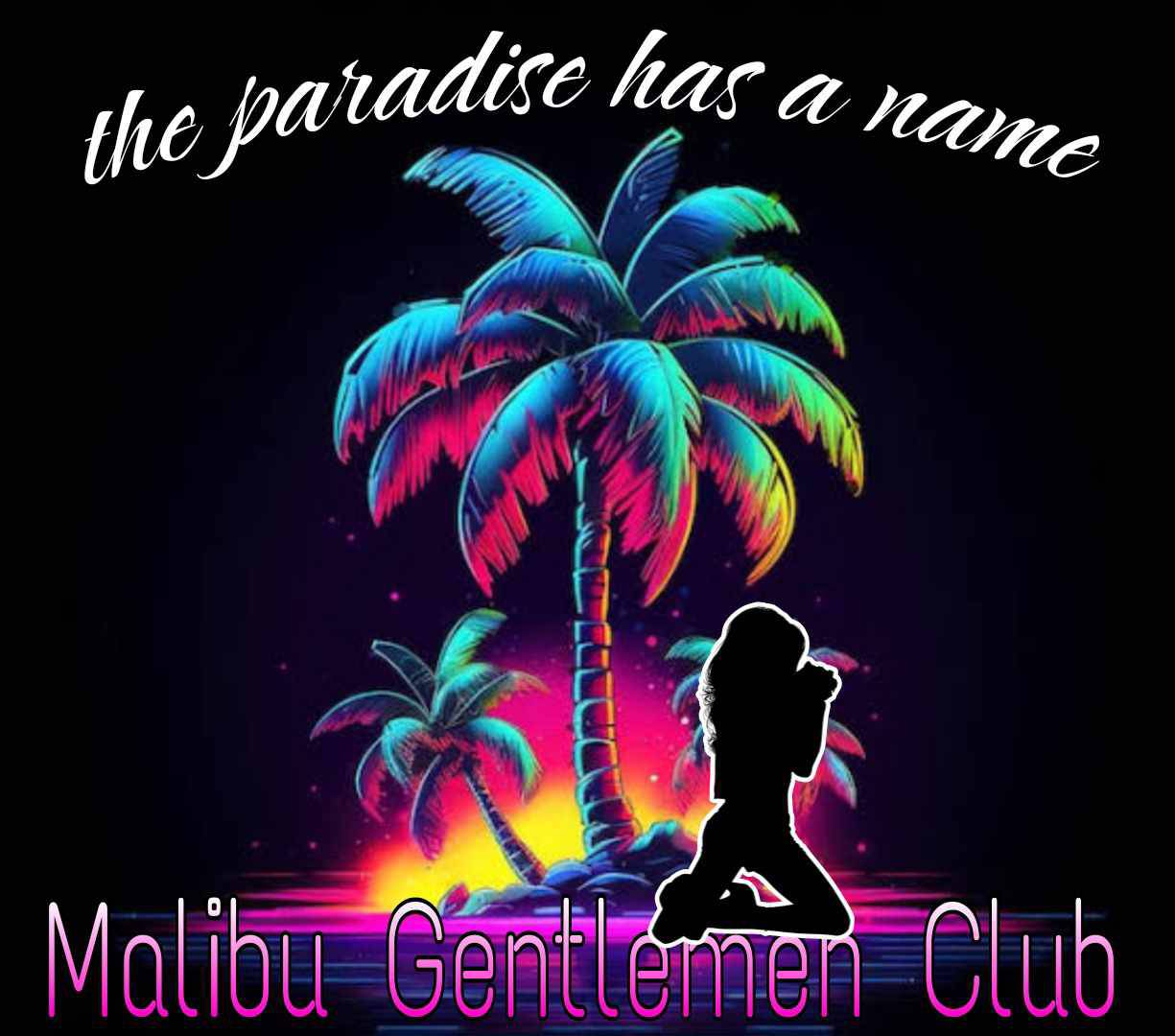Malibu, top gentlemensclub pattaya, banner with woman silhouet andpalm tree