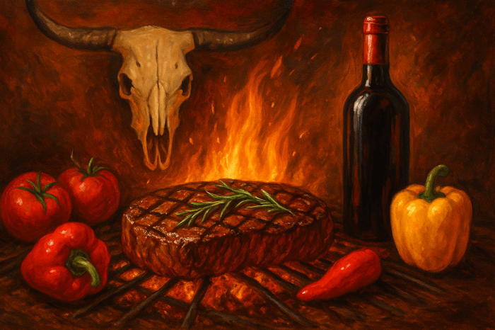 pattaya's best steak houses, a flame grilled steak in the grill with vegetable, a bottle of wine and ove a skull of a long horn beef