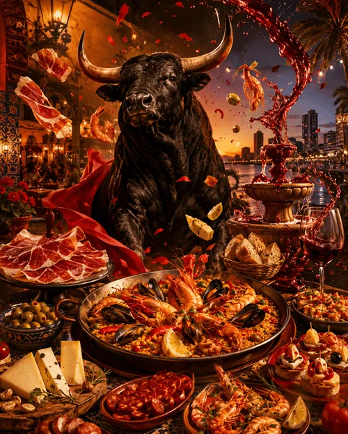 Don Pepe Tapas Bar branded ai art hero illustration for PattayaBiz, a spanish bull surrounded by spanish tappas