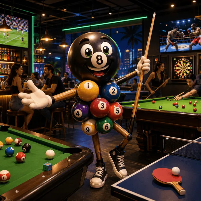 S1 Pool Hall Pattaya, custom AI art, mascotte from billiard balls and cues