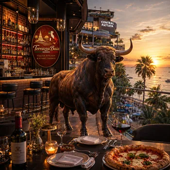 Custom AI art piece for Terrazza Baia in Pattaya.  A proud bull gazing at the sea and beach of Pattaya from the Terrazza Baia, surrounded by Italian and Tuscan specialties.