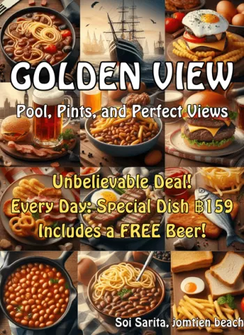 Golden view, guesthouse, restaurant and bar in Jomtien Pattaya,  banner each day a special dish for 159THB ann a free beer included