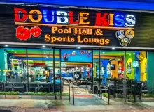 Double kiss pool hall & sports lounge pattaya, colorfull entranche at evening